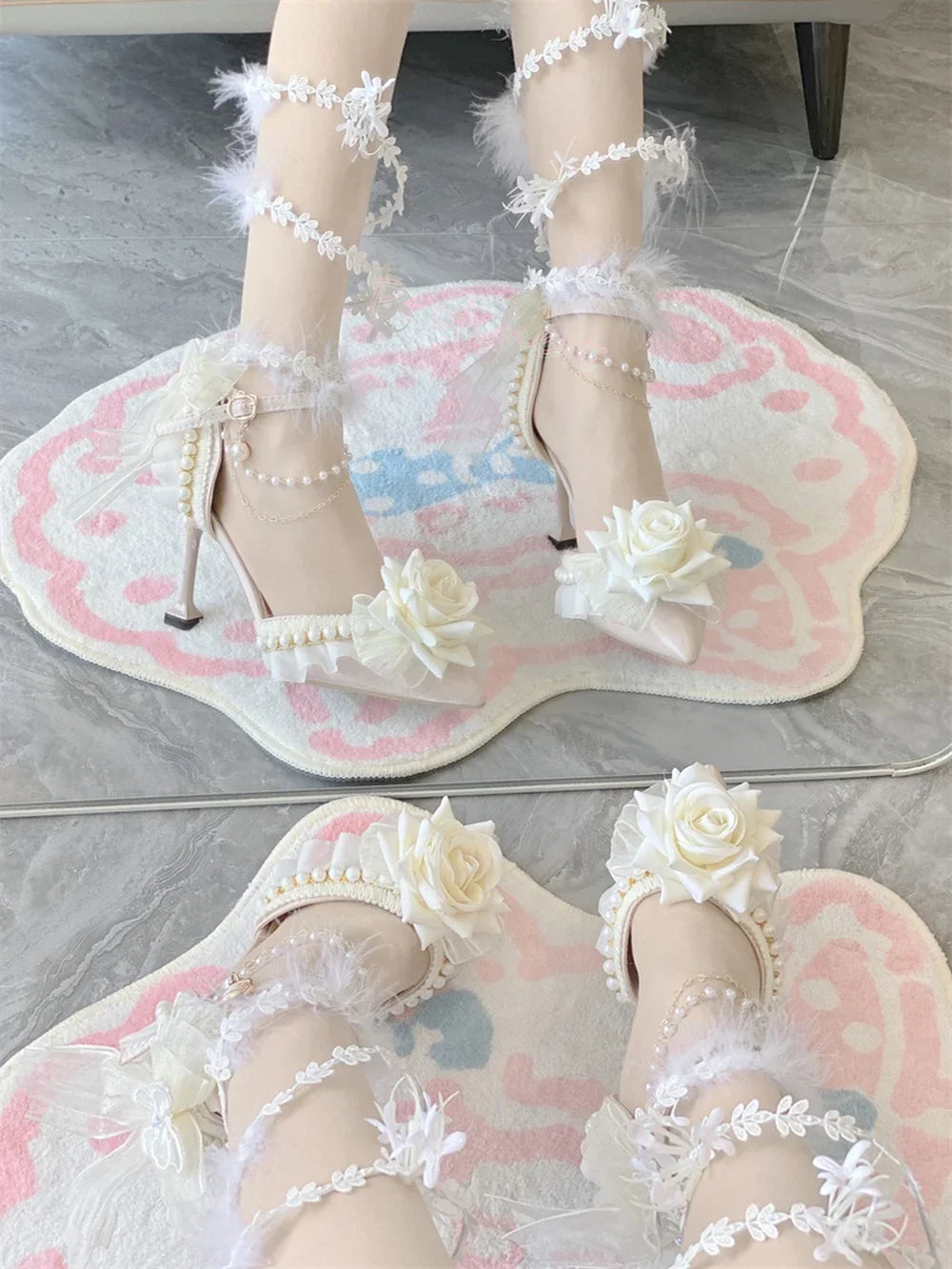 White Flowers Lace Pearl Decoration Women Sansals Pointed Toe Thin High Heels Lolita Ankle Strap Buckle Solid Women Shoe