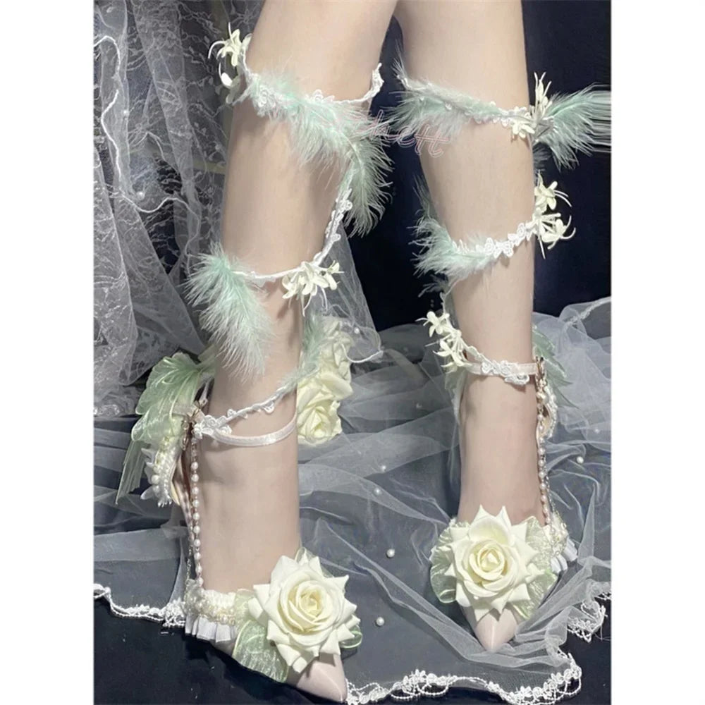 White Flowers Lace Pearl Decoration Women Sansals Pointed Toe Thin High Heels Lolita Ankle Strap Buckle Solid Women Shoe