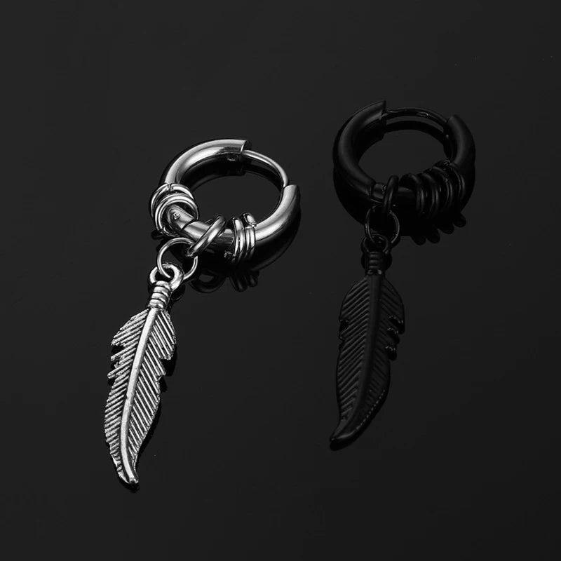1Pcs Fashion Feather Hoop Stud Earrings For Women men 2022 New Punk Rock Style High Quality Stainless Steel Ear Jewelry Earrings