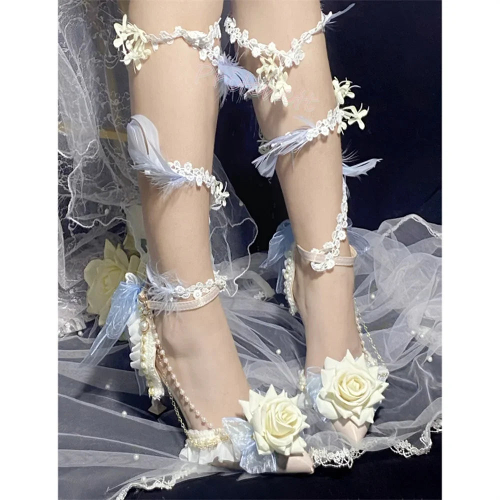 White Flowers Lace Pearl Decoration Women Sansals Pointed Toe Thin High Heels Lolita Ankle Strap Buckle Solid Women Shoe