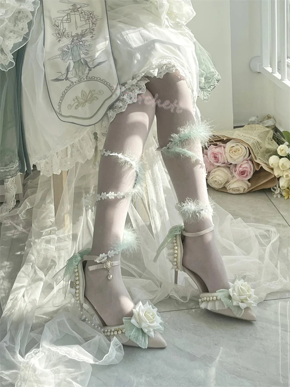 White Flowers Lace Pearl Decoration Women Sansals Pointed Toe Thin High Heels Lolita Ankle Strap Buckle Solid Women Shoe