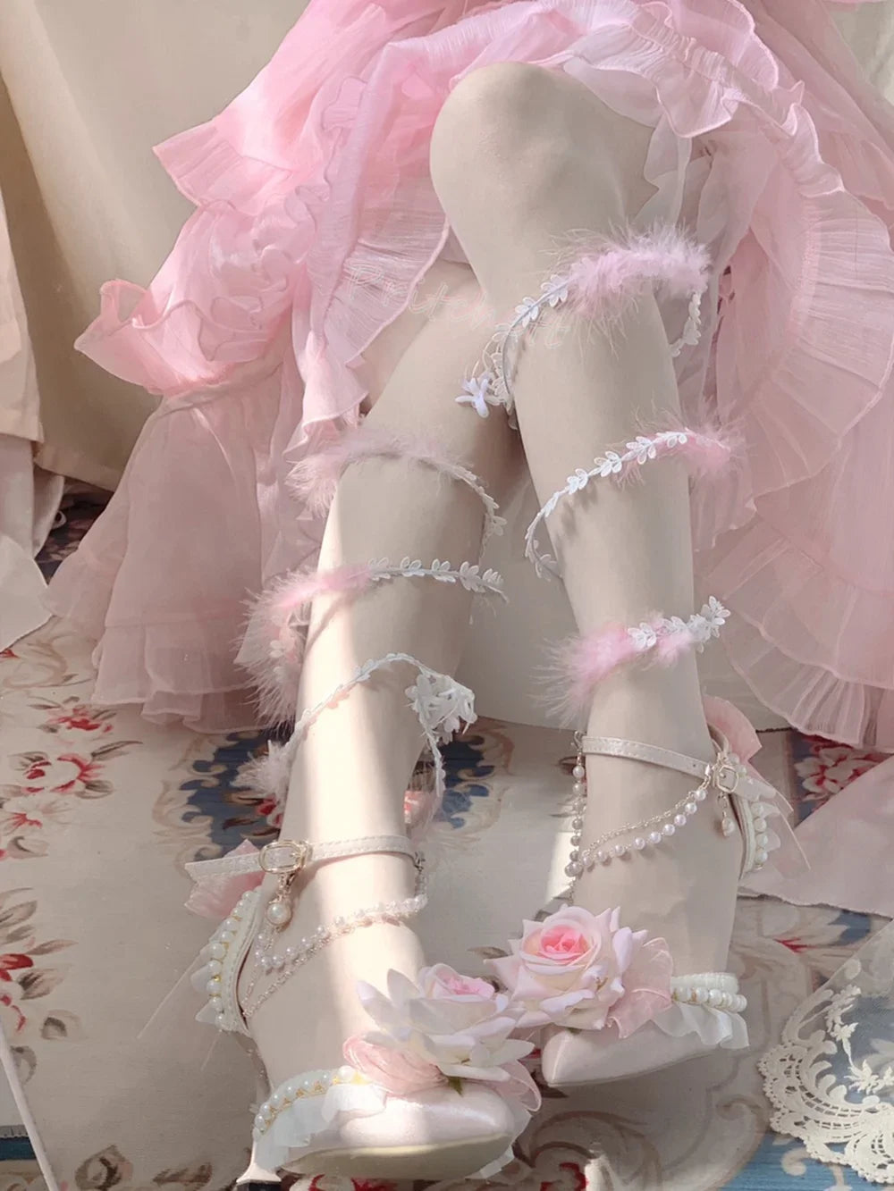 White Flowers Lace Pearl Decoration Women Sansals Pointed Toe Thin High Heels Lolita Ankle Strap Buckle Solid Women Shoe